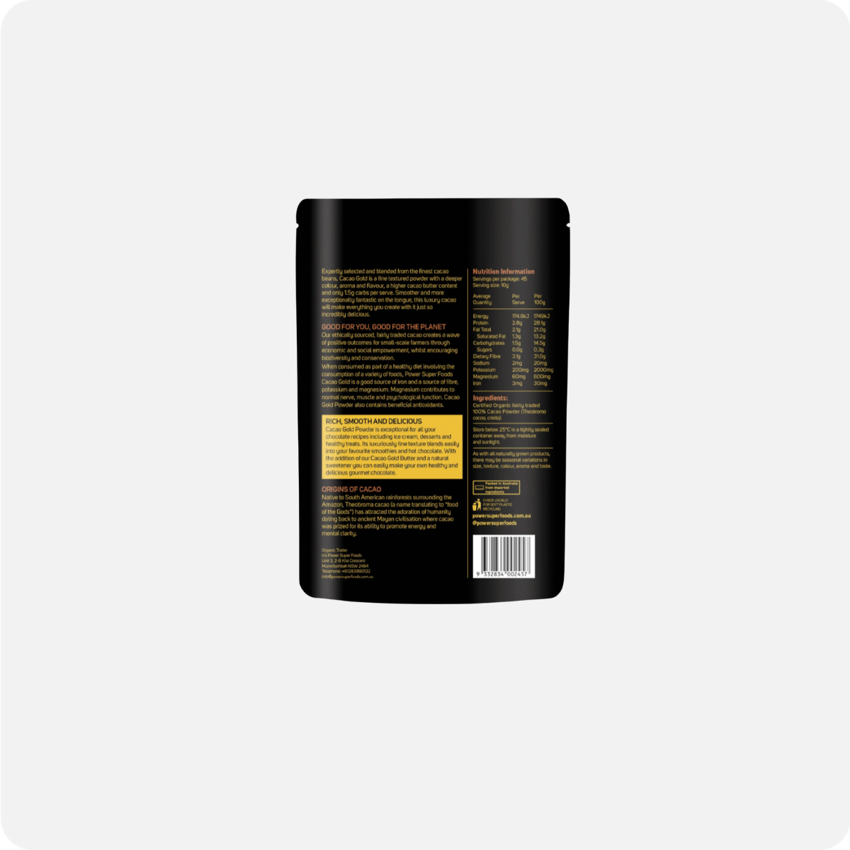 CERTIFIED ORGANIC CACAO POWDER 225G